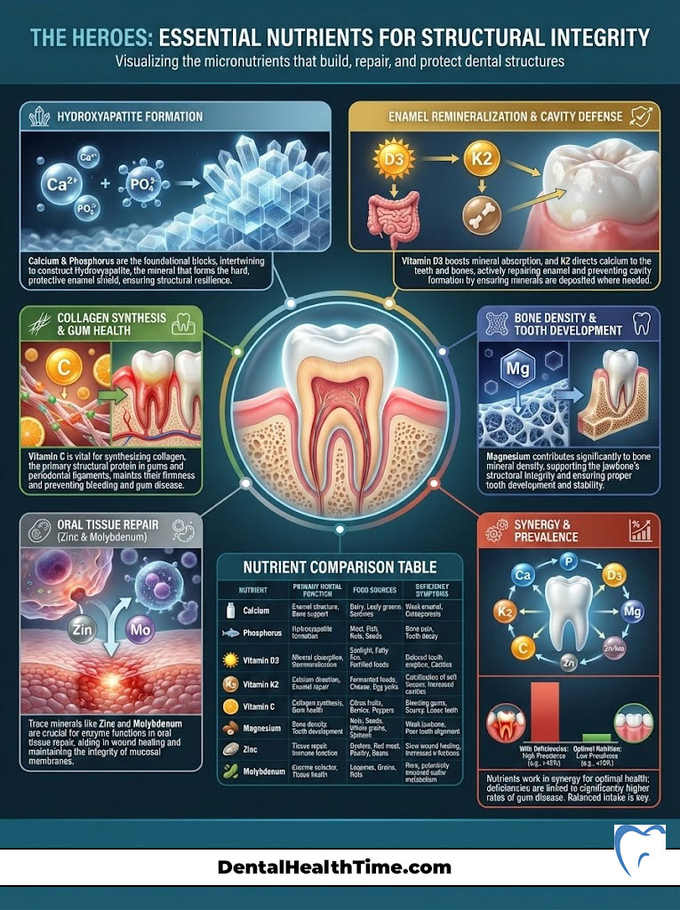 Infographic illustrating essential nutrients for dental health, including charts on micronutrients and their functions.