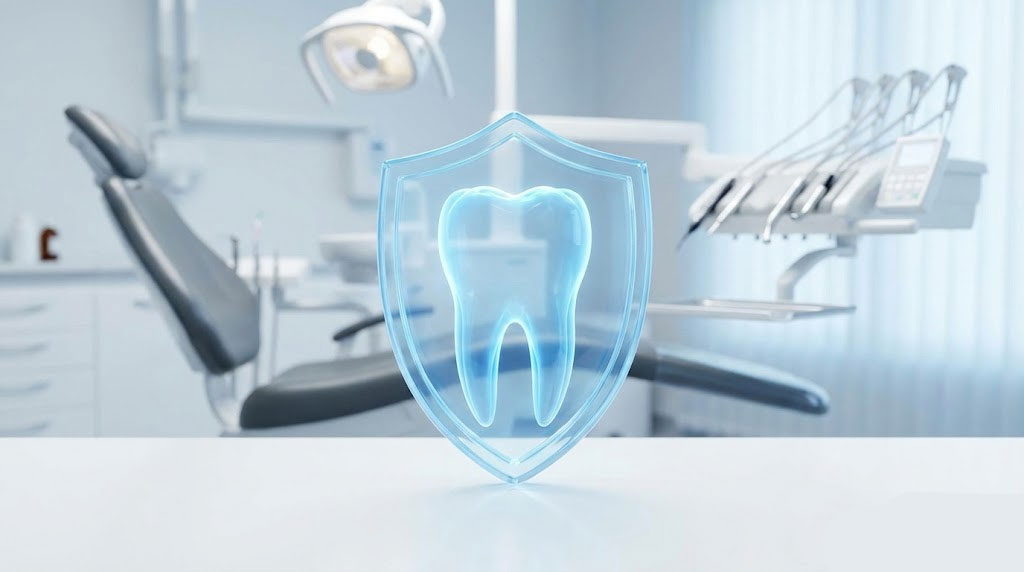 A translucent shield with a tooth icon in a dental office setting featuring a dental chair and equipment.