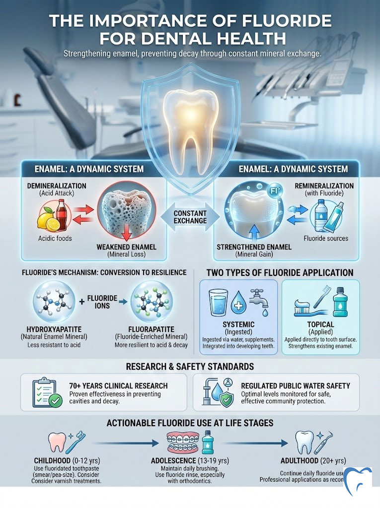 Infographic showing fluoride's role in dental health with charts on enamel dynamics and fluoride application methods.