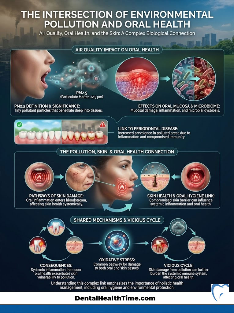 Infographic showing the link between environmental pollution, oral health, and skin health with charts and illustrations.