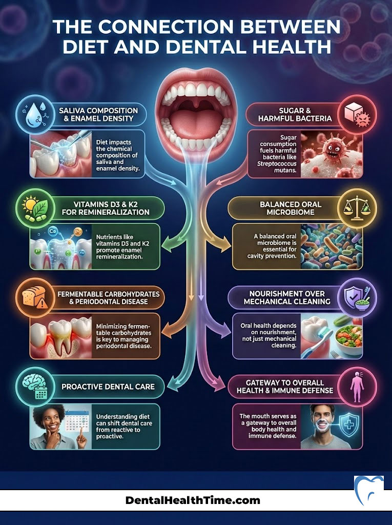 Infographic illustrating the connection between diet and dental health, featuring key elements like saliva composition and vitamins.
