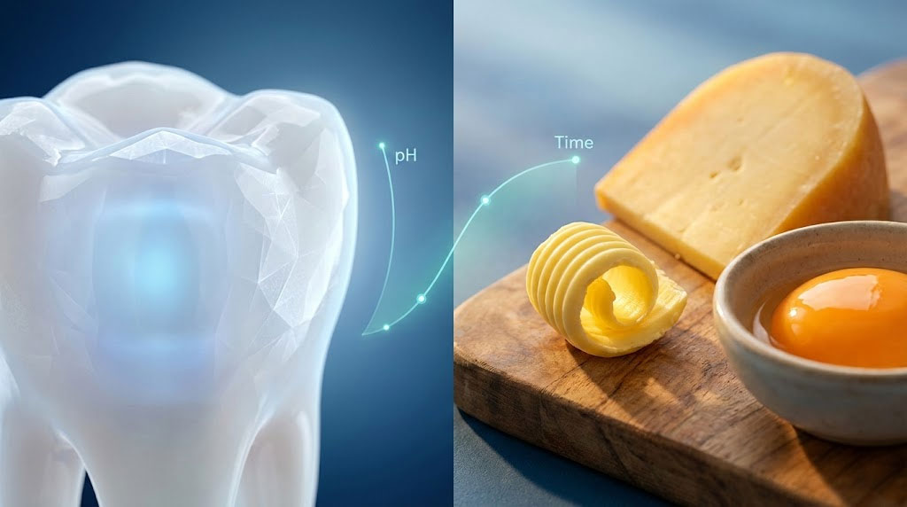 A close-up of a tooth model next to cheese, butter, and an egg on a wooden board with pH and time indicators.