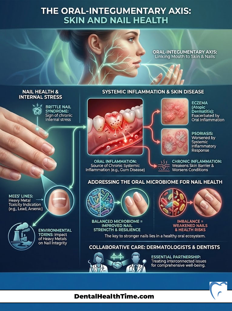 Infographic showing the oral-integumentary axis linking skin and nail health, with illustrations and data on inflammation and care.