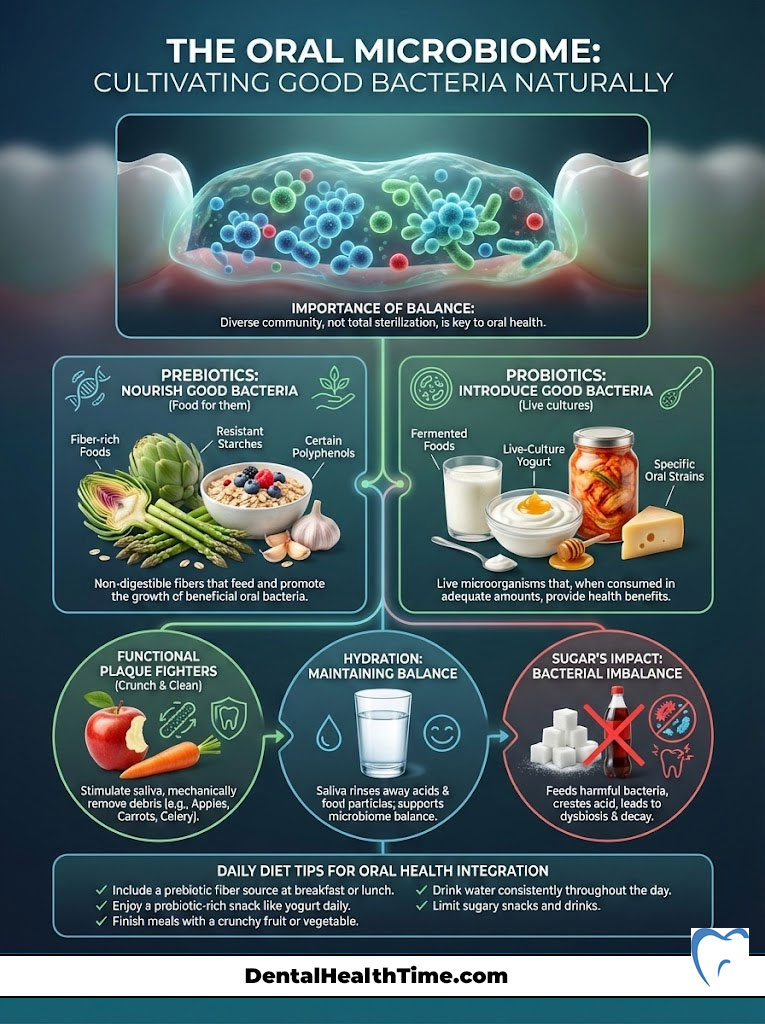 Infographic showing the oral microbiome, highlighting prebiotics, probiotics, hydration, and sugar's impact on bacteria.