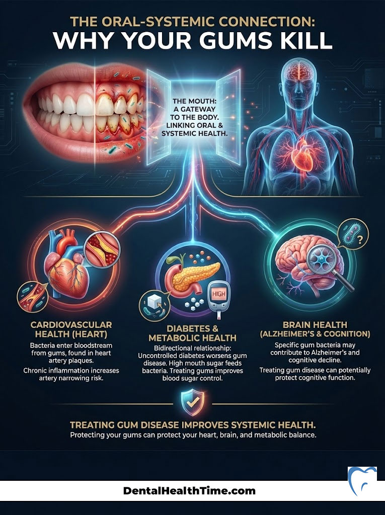 Infographic showing the oral-systemic connection, highlighting gum health's impact on heart, diabetes, and brain health.