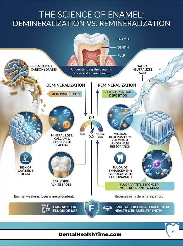 Infographic illustrating demineralization vs. remineralization of tooth enamel with charts and icons.