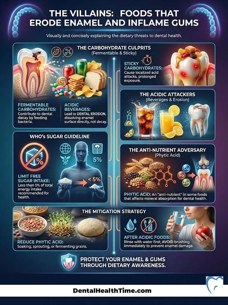 Infographic explaining foods that erode enamel and inflame gums, featuring charts and dietary guidelines.