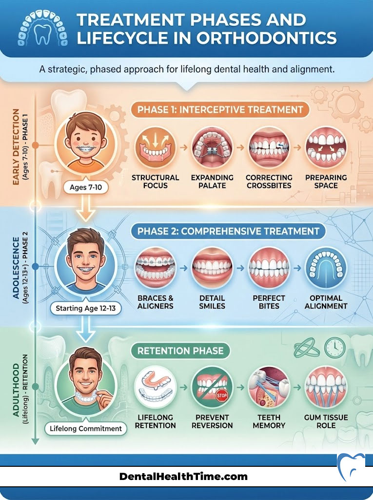 Infographic illustrating orthodontic treatment phases: early detection, comprehensive treatment, and retention phase with visuals.