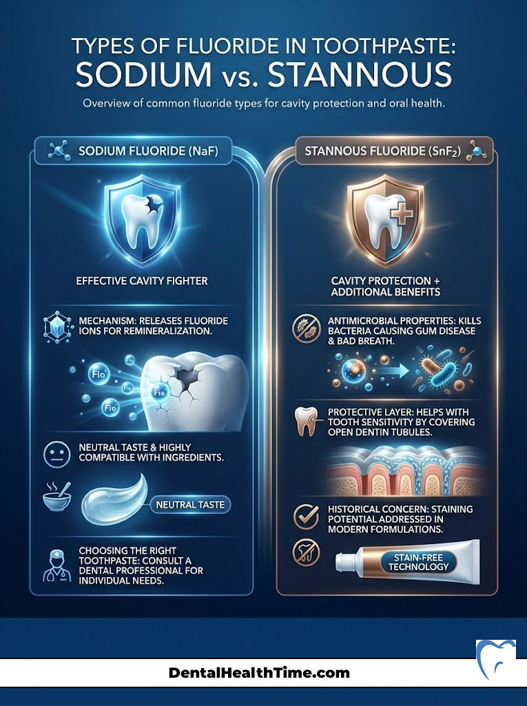 Comparison of Sodium Fluoride and Stannous Fluoride in toothpaste, detailing benefits and properties. Infographic.