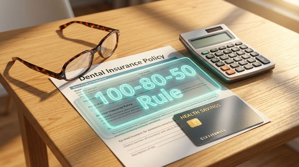 Glasses rest beside a dental insurance policy and calculator on a wooden table, with a health savings card visible.