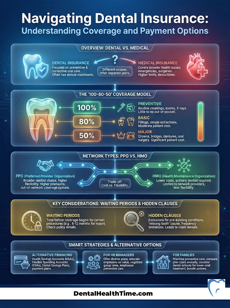 Infographic comparing dental and medical insurance coverage, including a 100-80-50 model and key considerations.