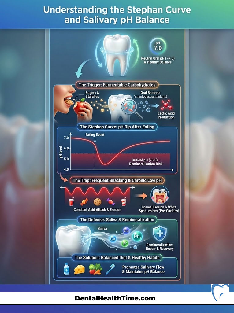 Infographic explaining the Stephan Curve and salivary pH balance, featuring charts and illustrations of teeth and food.