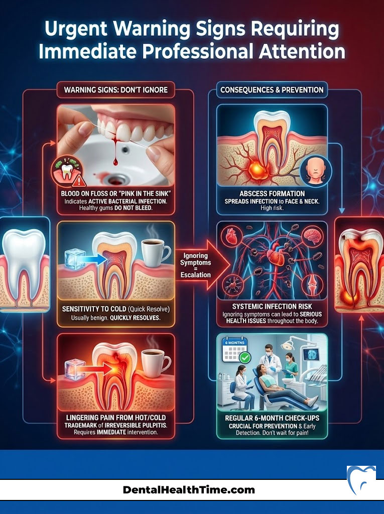 Infographic showing urgent dental warning signs, including bleeding gums and sensitivity, with prevention tips.