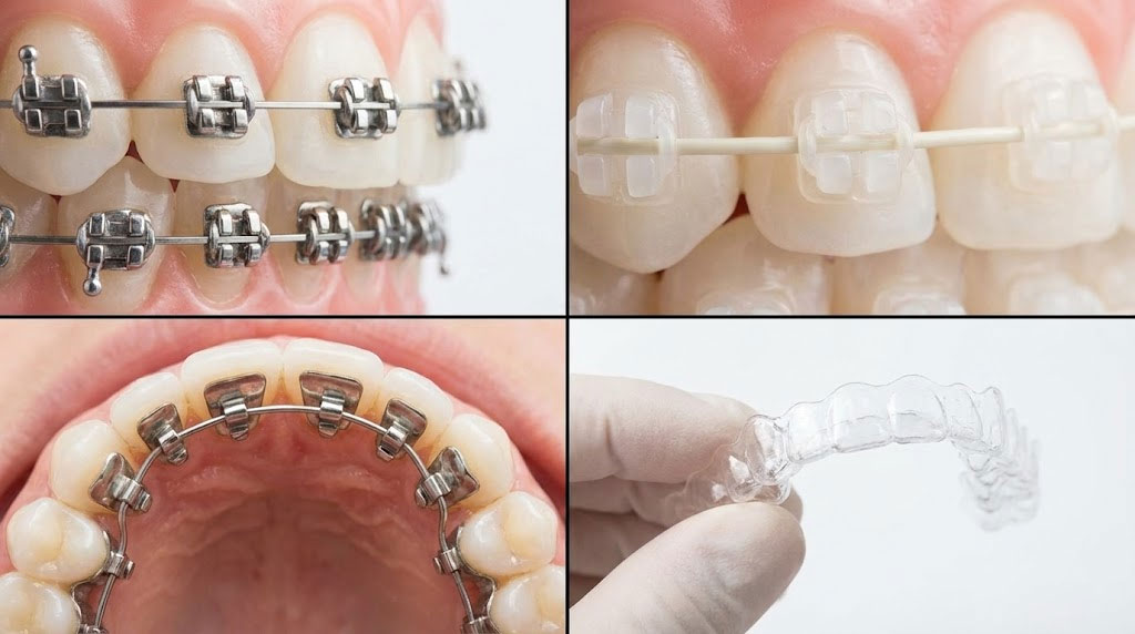 Close-up of teeth with metal and clear braces, showcasing orthodontic appliances and aligners.