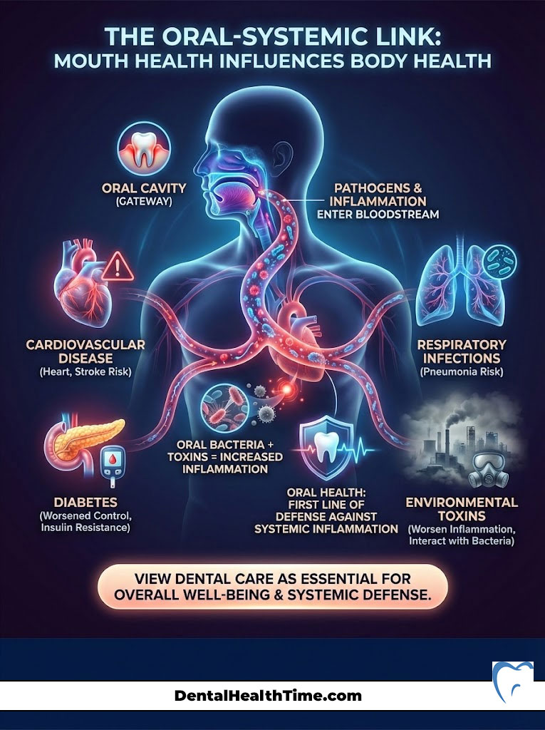 Infographic showing the oral-systemic link, highlighting mouth health's impact on body health with illustrations and text.