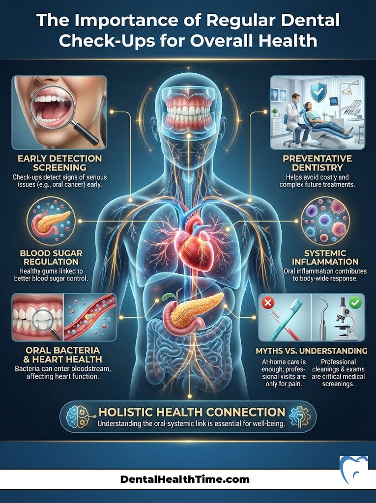 Infographic showing the importance of regular dental check-ups for overall health with visuals and key points on health connections.