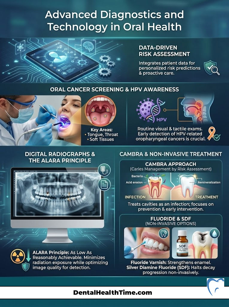 Infographic on advanced diagnostics in oral health, featuring data-driven risk assessment, oral cancer screening, and digital radiographs.