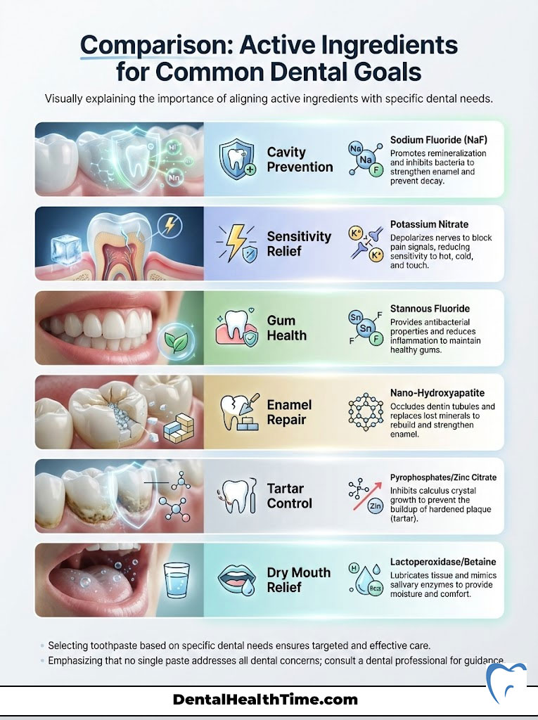 Infographic comparing active ingredients for dental goals, featuring charts on cavity prevention, sensitivity relief, and more.