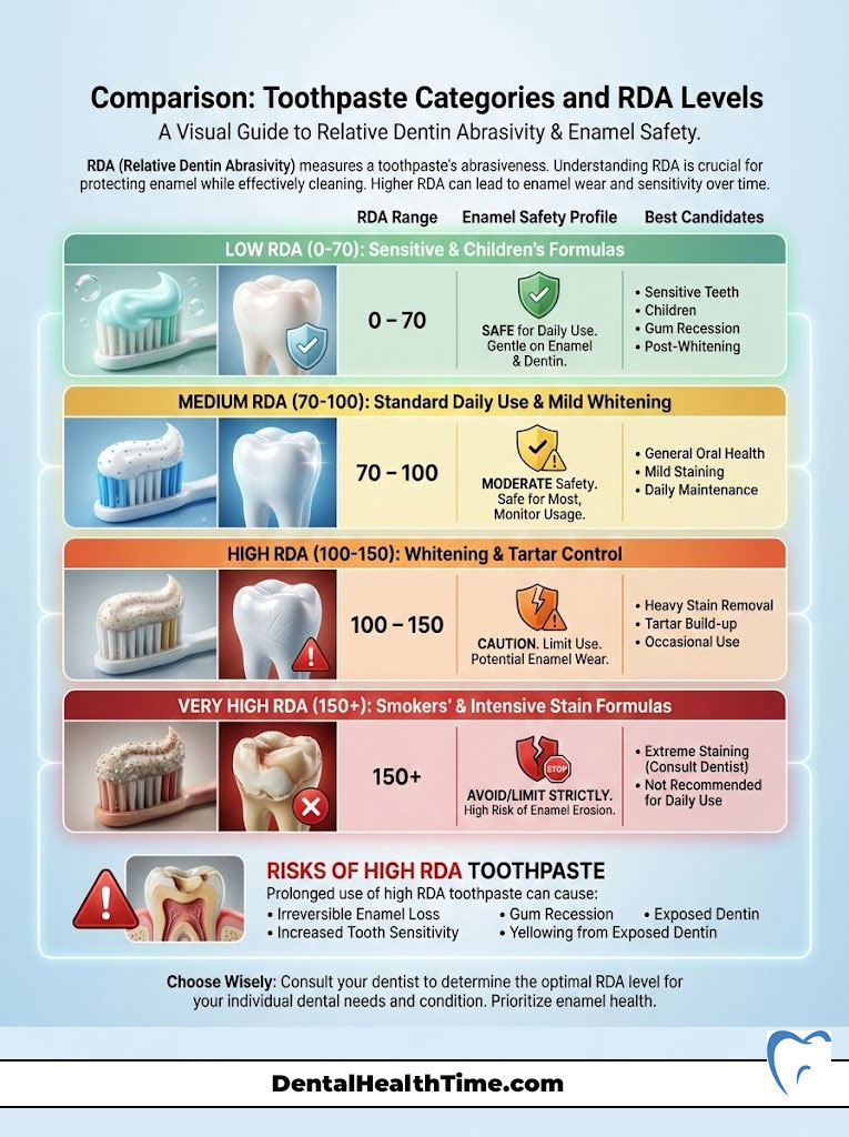 Infographic comparing toothpaste categories and RDA levels, showing safety profiles and risks of high RDA toothpaste.