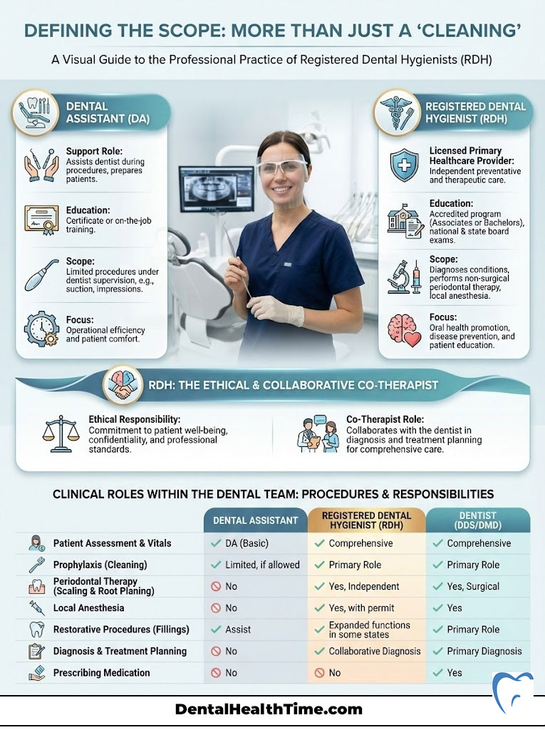 Infographic comparing roles of Dental Assistants and Registered Dental Hygienists in dental care.
