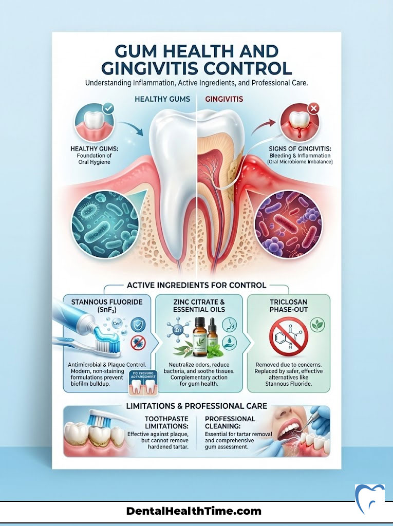 Infographic showing gum health, gingivitis signs, active ingredients, and professional care tips for oral hygiene.