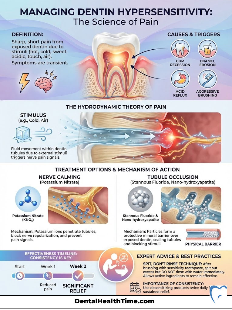 Infographic explaining dentin hypersensitivity, causes, treatment options, and effectiveness timeline.