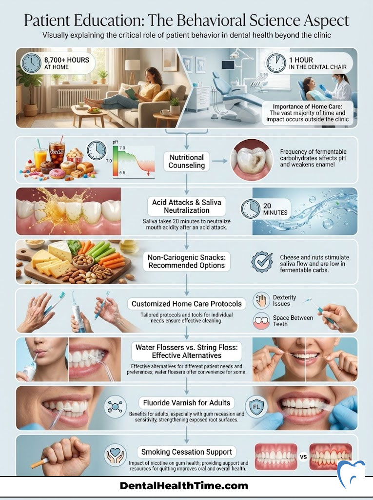 Infographic showing patient education on dental health, including home care, nutrition, and treatment options.
