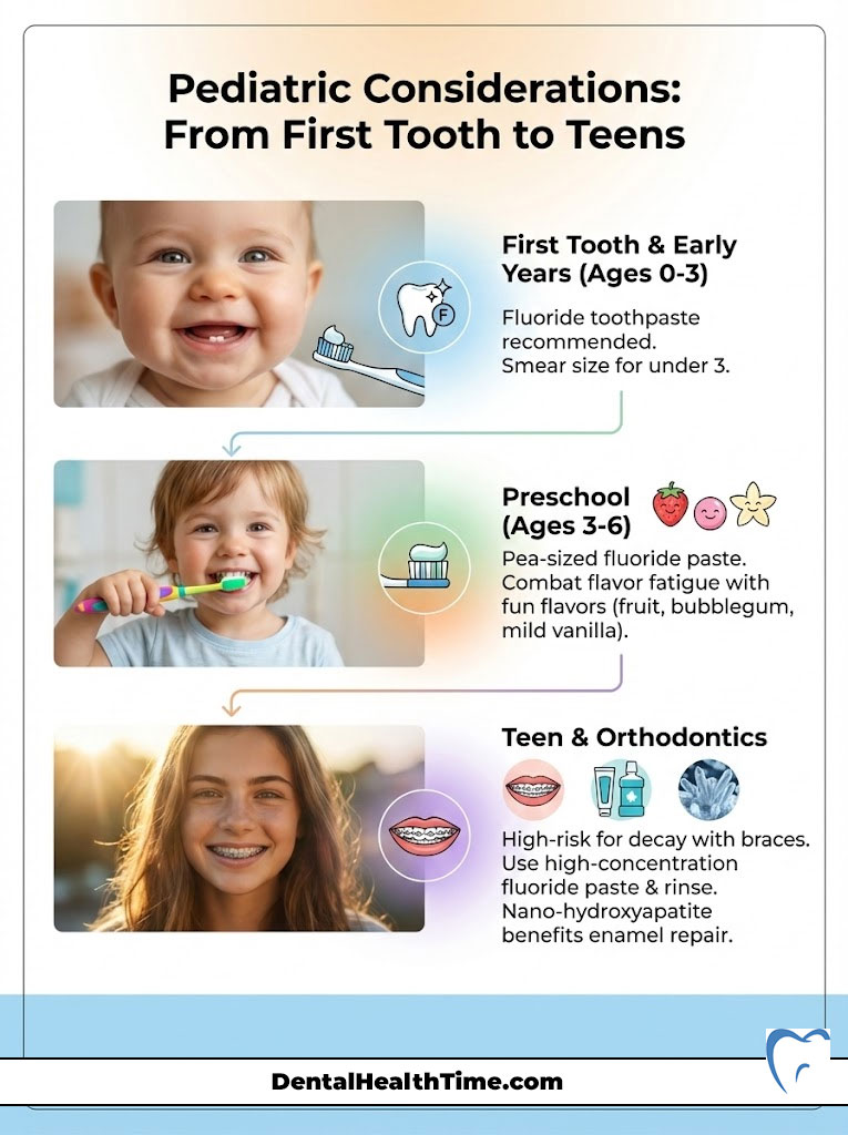 Infographic showing pediatric dental care tips for ages 0-3, 3-6, and teens with images and recommendations.