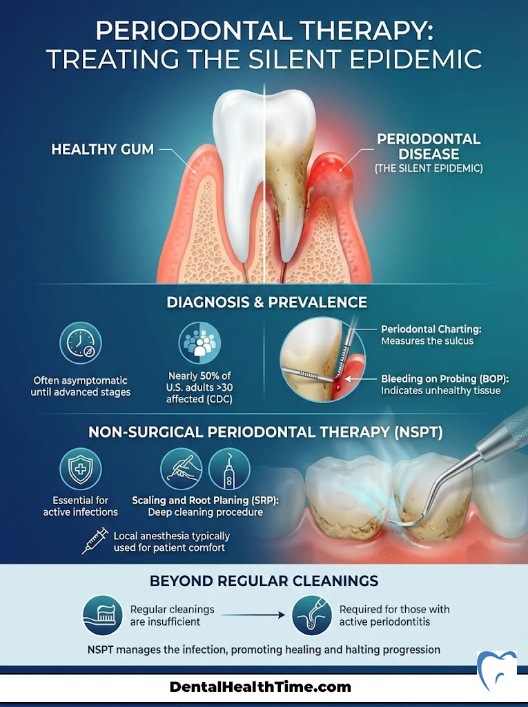 Infographic showing periodontal therapy, healthy gums, diagnosis, prevalence, and non-surgical treatments.