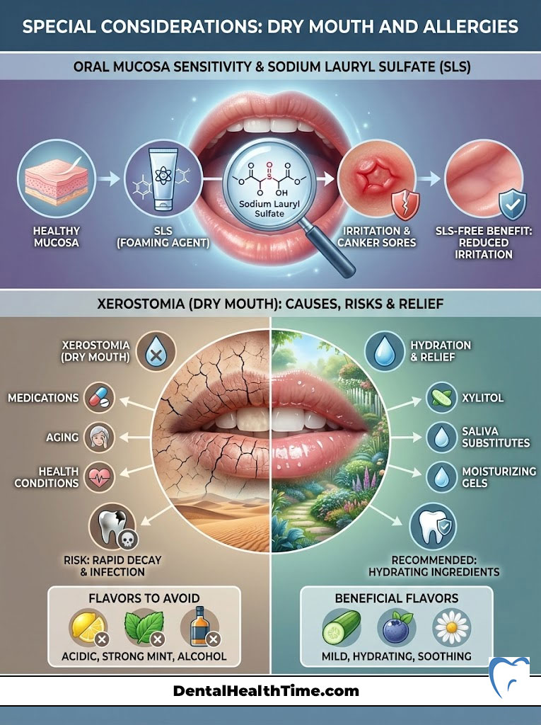 Infographic showing dry mouth causes, risks, and relief methods with illustrations and text on oral health.