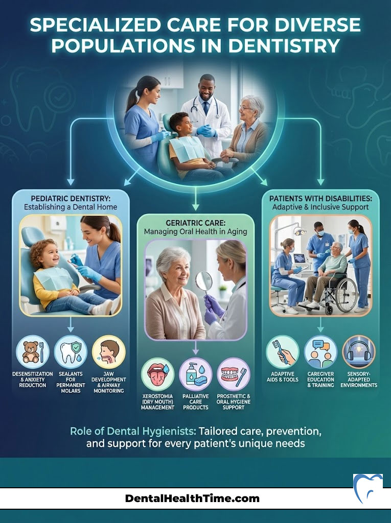Infographic on specialized dental care for diverse populations, featuring pediatric, geriatric, and disability support.