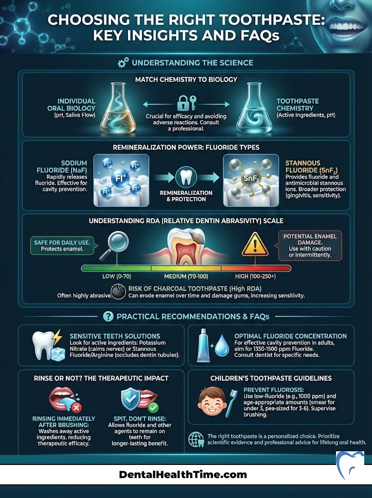 Infographic on choosing the right toothpaste, detailing oral biology, fluoride types, and practical recommendations.