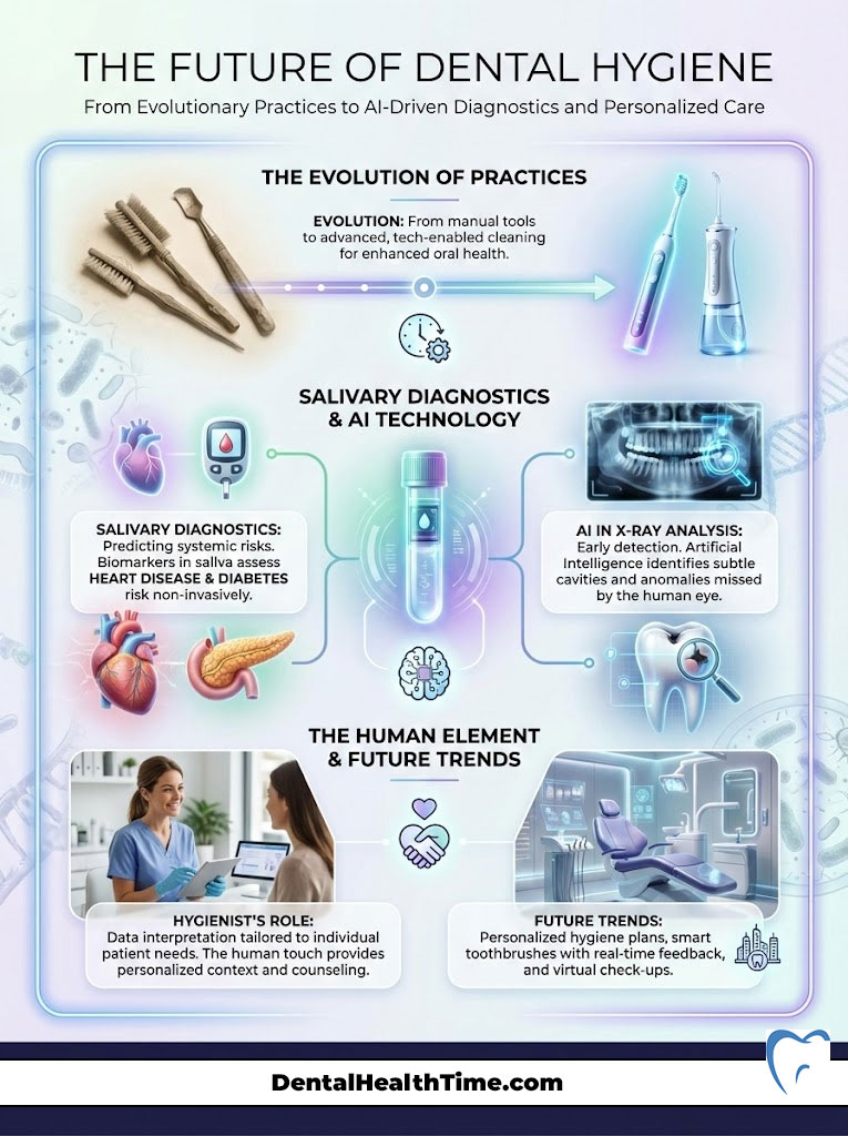 Infographic illustrating the evolution of dental hygiene practices, AI diagnostics, and future trends in oral care.