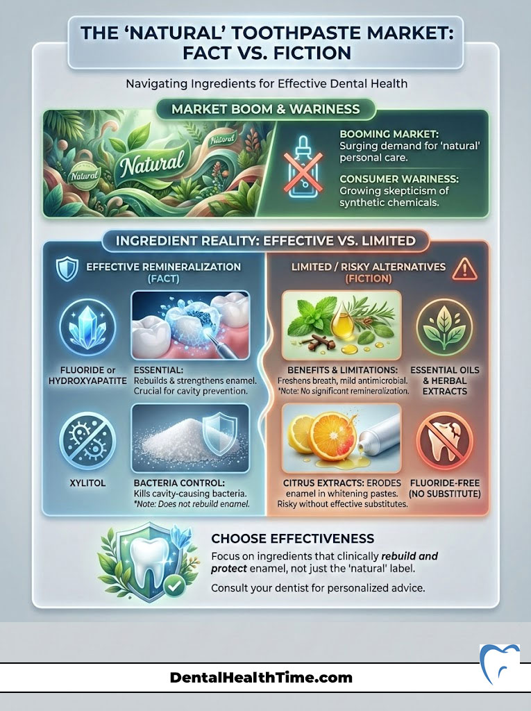 Infographic comparing natural toothpaste ingredients, highlighting effective and risky options for dental health.