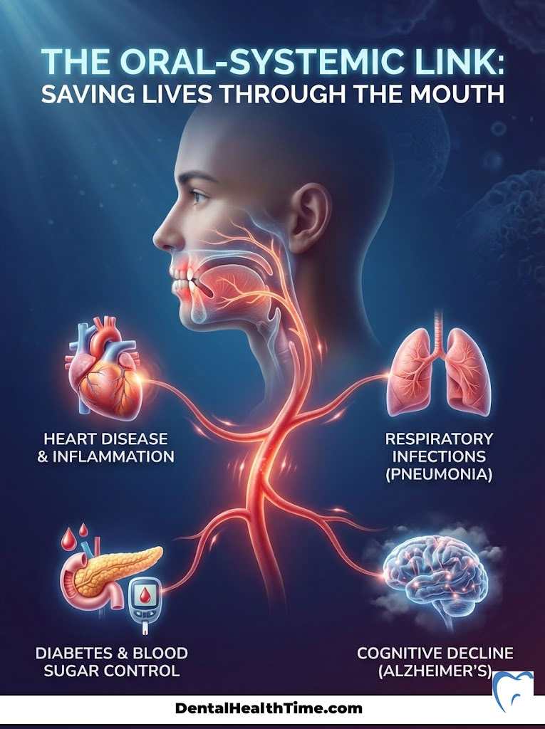 Infographic showing the oral-systemic link with heart, lungs, pancreas, and brain icons connected by red lines.