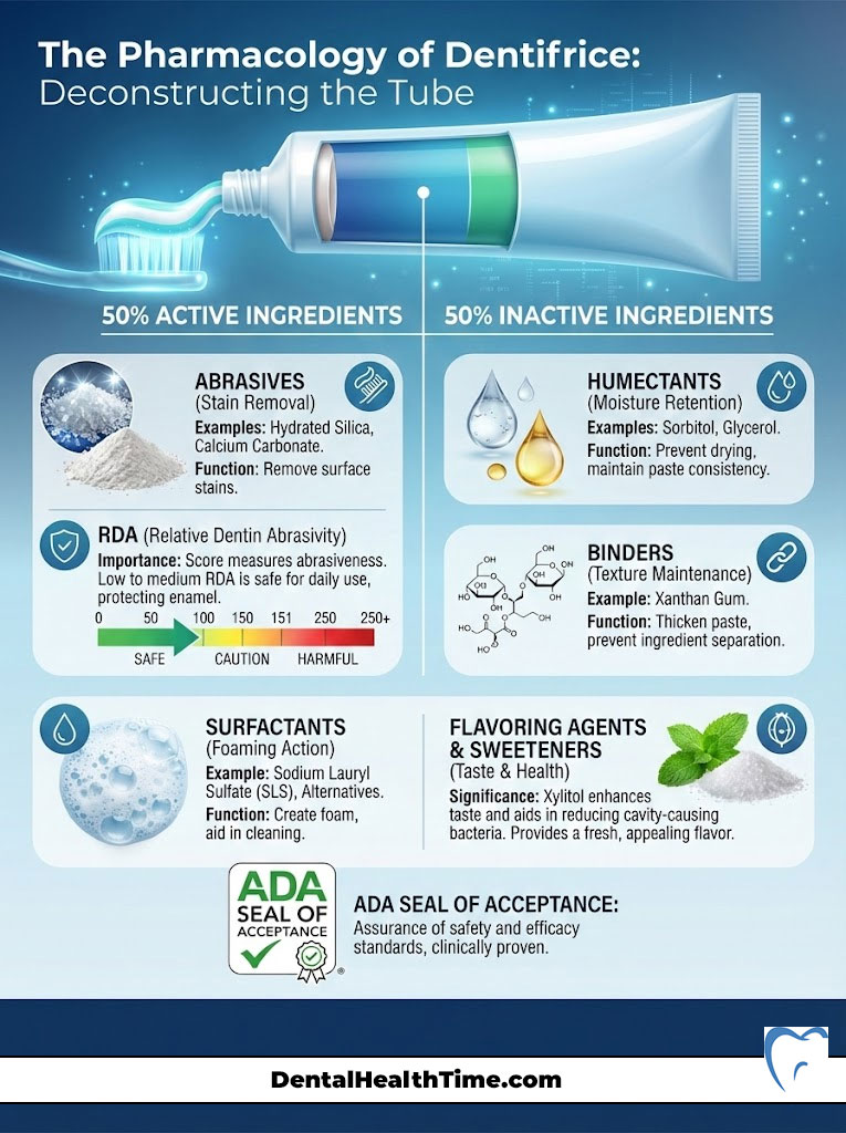 Infographic explaining dentifrice ingredients, showing active and inactive components with examples and functions.
