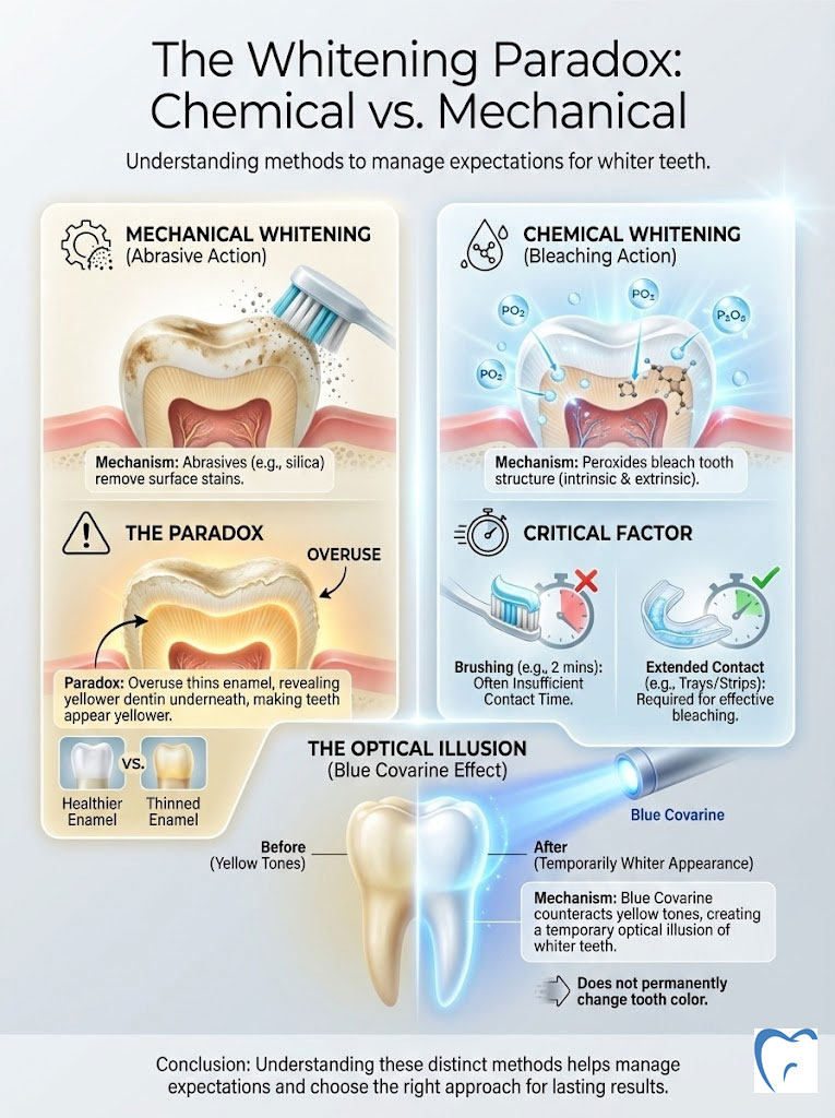 Infographic comparing chemical and mechanical whitening methods for teeth, detailing mechanisms and effects.