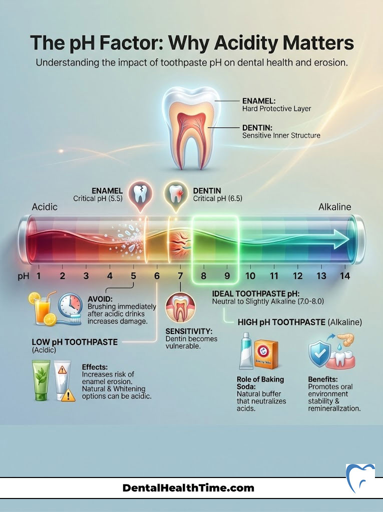 Infographic explaining the pH factor in toothpaste, showing pH scale, enamel, dentin, and effects of acidity.