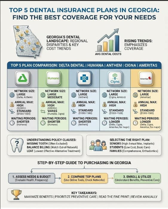 Infographic comparing top 5 dental insurance plans in Georgia with details on network size, annual max, and waiting periods.