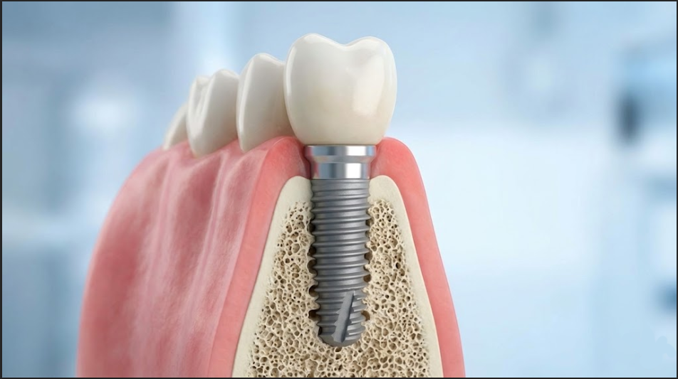 A dental implant is shown inserted into gum tissue, revealing surrounding bone structure and a crown on top.