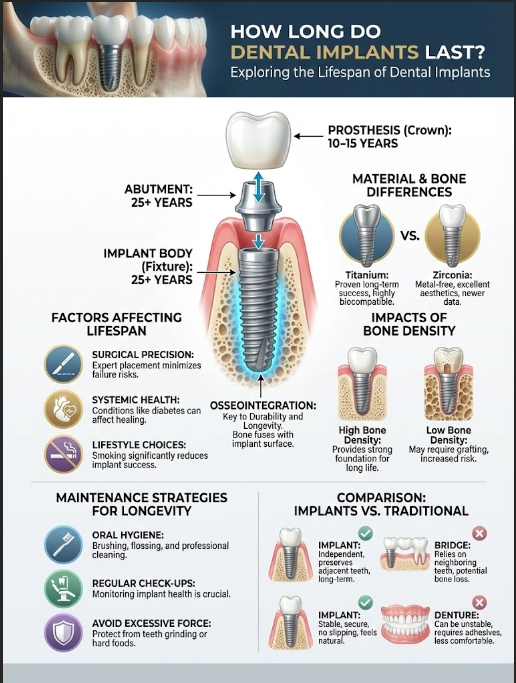 Infographic showing lifespan of dental implants, including components, factors, and maintenance strategies.