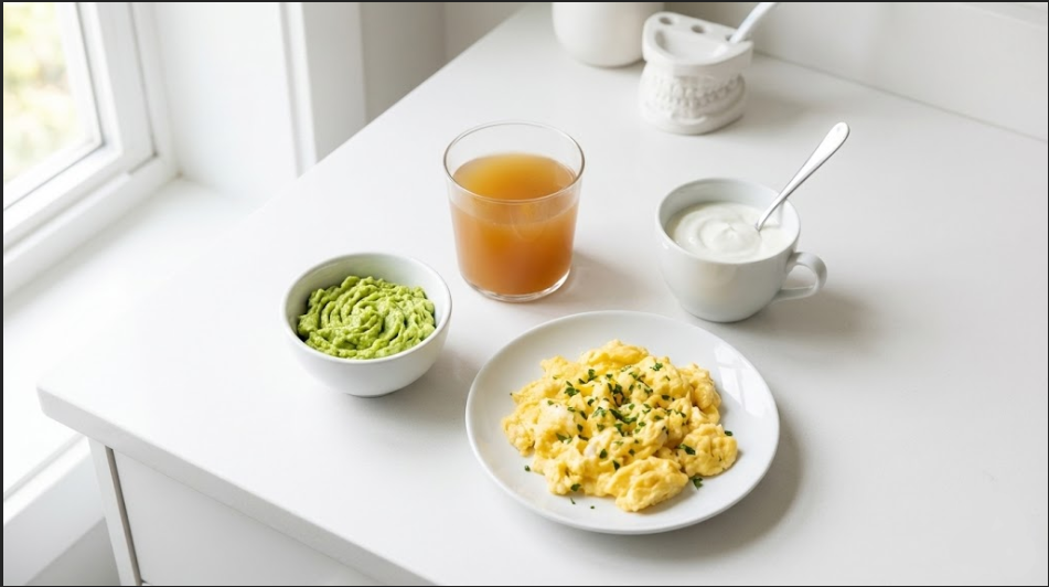 A plate of scrambled eggs with herbs, a bowl of avocado, yogurt in a cup, and a glass of juice on a table.