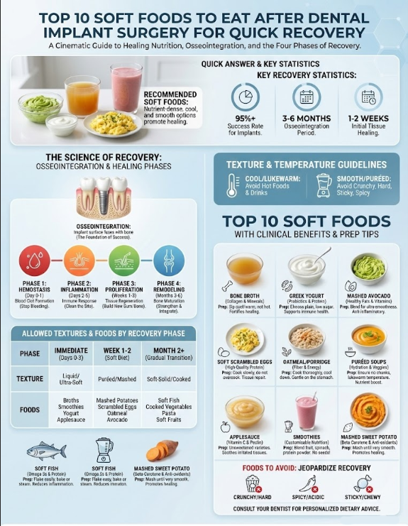 Infographic detailing top 10 soft foods for dental implant recovery, with phases and guidelines for healing.
