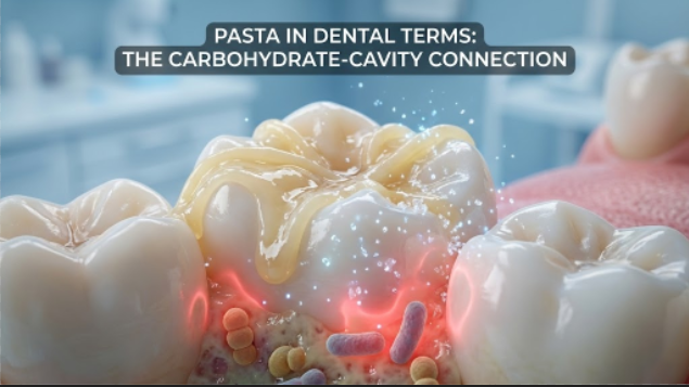 Close-up of teeth with pasta-like substance and bacteria, highlighting dental health issues.