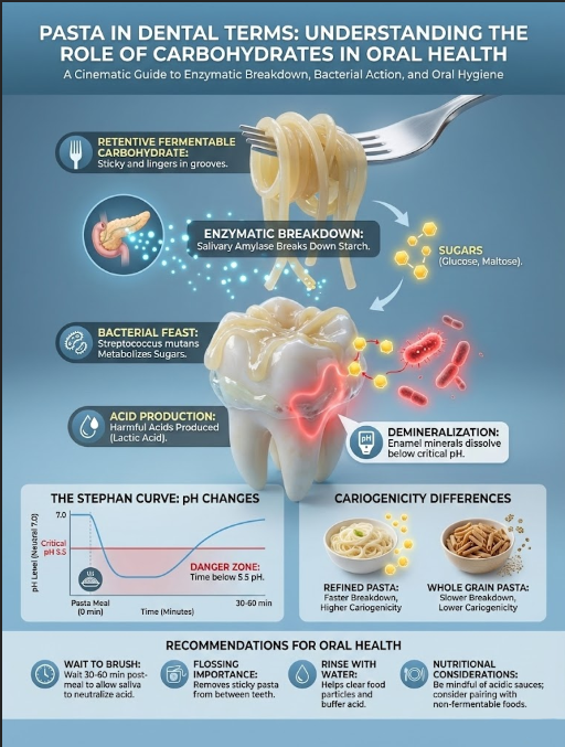 Infographic explaining carbohydrates' role in oral health with charts, pasta images, and dental illustrations.