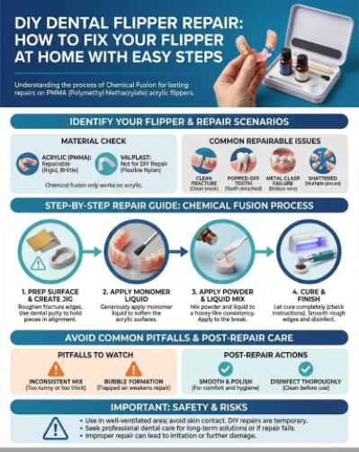 Infographic detailing DIY dental flipper repair steps, including materials, scenarios, and safety tips.