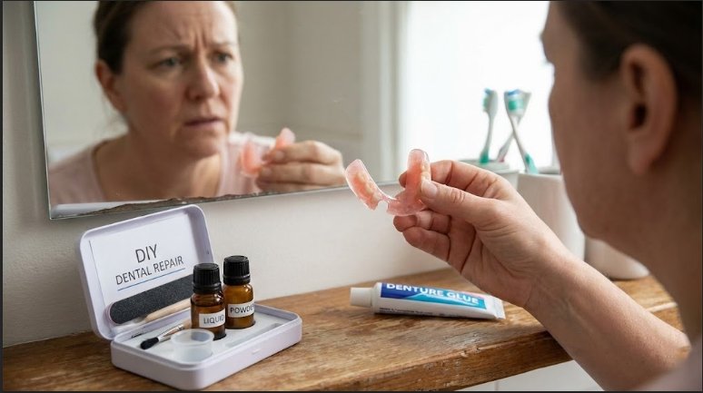 A woman examines a dental repair kit while holding a denture in front of a mirror.