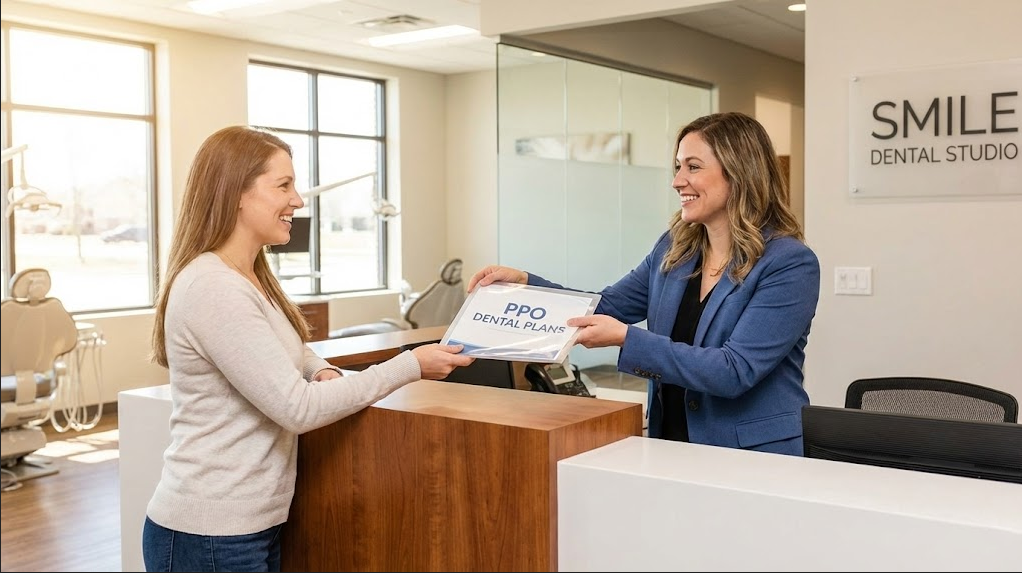 A woman hands a dental plan brochure to a receptionist in a modern dental office.