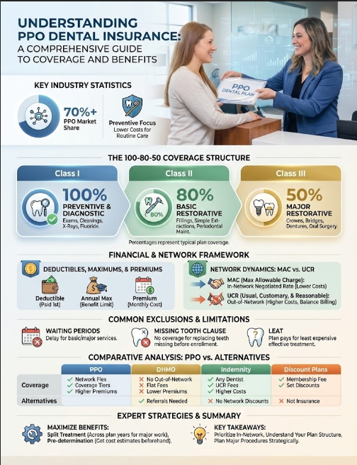 Two women discuss PPO dental insurance options with key statistics, coverage structure, and benefits displayed. Infographic.