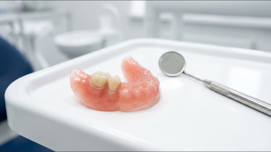A dental prosthesis sits on a tray next to a dental mirror in a clinic setting.